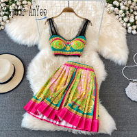 summer two piece set women beach boho fashion set woman 2 pieces crop top y outfits for woman high waist pleated skirt