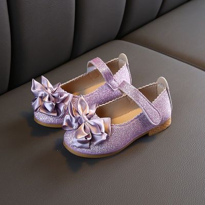 Flowers Children Girls Leather Shoes Sequins Purple Gold Princess Shoes for Kids Baby Little Girls Party Wedding Shoes New 2022