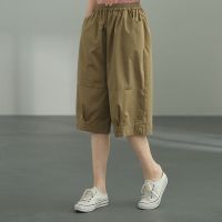 【มีไซส์ใหญ่】Plus Size Womens Solid Color Knee Length Summer Shorts Elastic Waist Casual Harem Cotton&amp;Linen Shorts