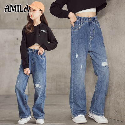 AMILA กางเกงยีนส์ขากว้าง Girls In The Big Boy S Western Style Loose And Thin Straight-Leg All-Match Mopping Pants