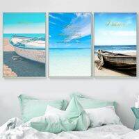 Nordic Blue Sky Sea Beach เรือภูมิทัศน์ Wall Art ภาพวาดผ้าใบสำหรับตกแต่งห้องนั่งเล่น