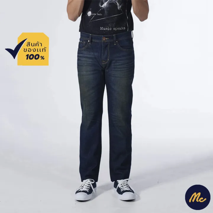 mc-jeans-กางเกงยีนส์ชาย-กางเกงขายาว-ทรงขาตรง-ผ้ายีนส์สีเข้ม-ฟอกบริเวณหน้าขา-ทรงสวย-คลาสสิค-mbi6204