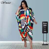 Wmstar Plus ขนาดเสื้อชุด3xl 4xl Elegant Striped หลวมสบายๆจีบ V คอ Maxi ชุดสำหรับสตรีขายส่ง Dropshipping...