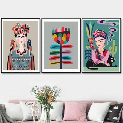 Nordic Funny Cartoon Poster and Print Flower Woman Bird Black Cat Canvas Painting Modern Wall Picture for Living Room Home Decor