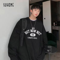 Suikone เสื้อสเวตเตอร์ลำลองสำหรับผู้ชาย-เสื้อยืดแขนยาวบางสไตล์วินเทจเสื้อสเวตเชิ้ตทรงหลวมพิมพ์ลาย