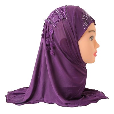 【YF】 H040 beautiful small girl amira hijab with lace on back fit 2-6 years old kids pull islamic scarf head wrap