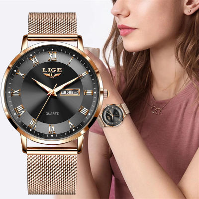 LIGE Women Watch celet Quartz Clock Movement Simple Waterproof Rose Gold Stainless Steel Mesh Ladies Watches Relogio Feminino