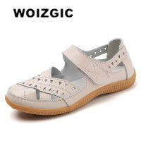 WOIZGIC หญิงผู้หญิงแม่หนังแท้กลวงสีขาวรองเท้ารองเท้าแตะแฟลตรองเท้าไม่มีส้นฤดูร้อนชายหาดเย็นขนาดบวก41 42