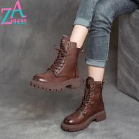 ZAZA บูทมาร์ตินผู้หญิงพื้นรองเท้าหนารองเท้า MODE Korea Sepatu BOOT Pendek สำหรับแฟชั่นสำหรับผู้หญิงหนังรองเท้าอัศวินแพลตฟอร์มกลางแจ้ง