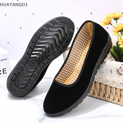 HUAYANG01ชุดลำลองสบายนุ่มรองเท้าสี่เหลี่ยมหนังนิ่มสีดำ,ส้นแบนรองเท้าสำหรับคุณแม่สปอร์ต