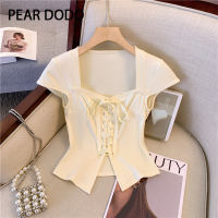 PEAR DODO เสื้อยืดคาร์ดิแกนแขนสั้นสำหรับผู้หญิงเนกไทแบบสั้นคอสี่เหลี่ยมสไตล์เกาหลี