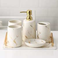 ❁✕✲ Milky Ceramic Toiletries Bathroom Accessories Set Marble Porcelain Toothbrush Holde Soap Dispenser Bathroom Tray Home Decoration