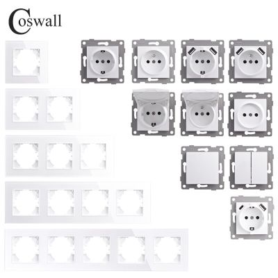 COSWALL White Glass Panel Wall Rocker / Touch Switch EU Standard Socket USB Type-A &amp; C Charger Internet Satellite TV Module DIY