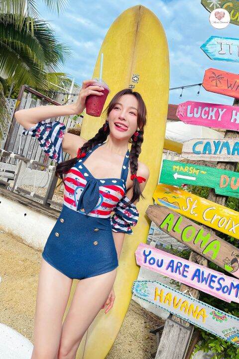 mariadiamond-captain-maria-swimwear-สีน้ำเงินแดง-ชุดว่ายน้ำ-กระโปรงตาข่าย-วันพีช-ชุดว่ายน้ำลายทหารเรือ