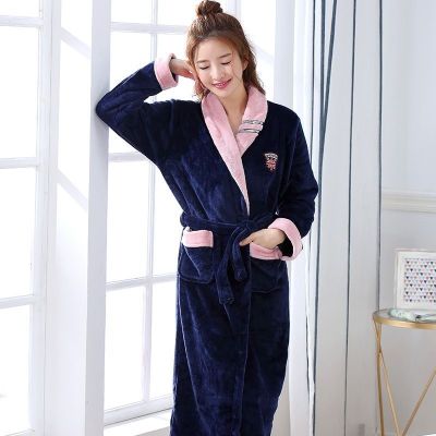 MUJI High quality flannel nightgown autumn and winter thickened and enlarged mens mid-length womens pajamas lovers coral fleece home wear bathrobe
