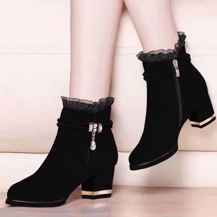 malaysia-ready-stock-kasut-perempuan-velvet-keep-warm-suede-ankle-boot-thick-heel-female-boot-y-lace-versatile-side-zipper-nude-boot-fashion-womens-shoes