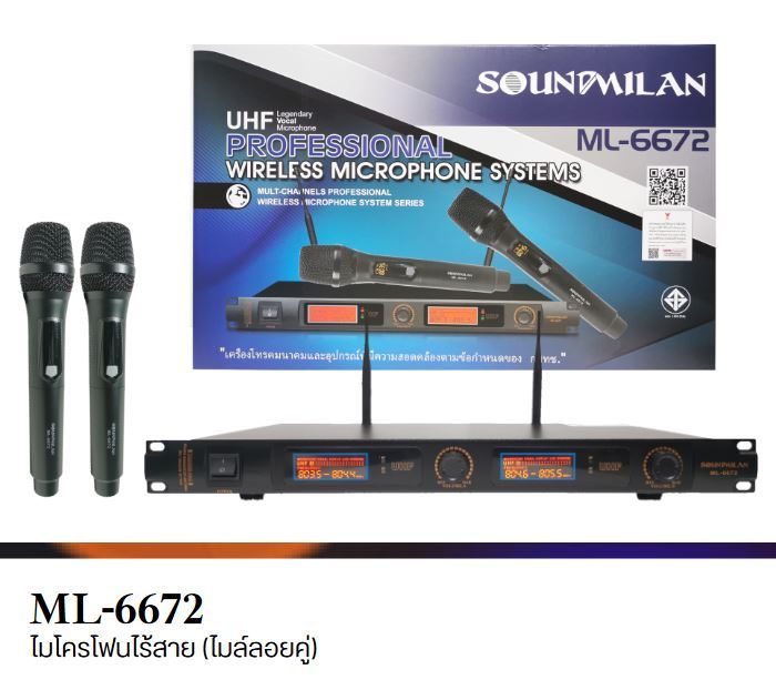 ไมค์โครโฟน ไมค์โครโฟนไร้สาย ไมค์ลอยคู่ รุ่น ML-6672 UHF แท้ Wireless Microphone