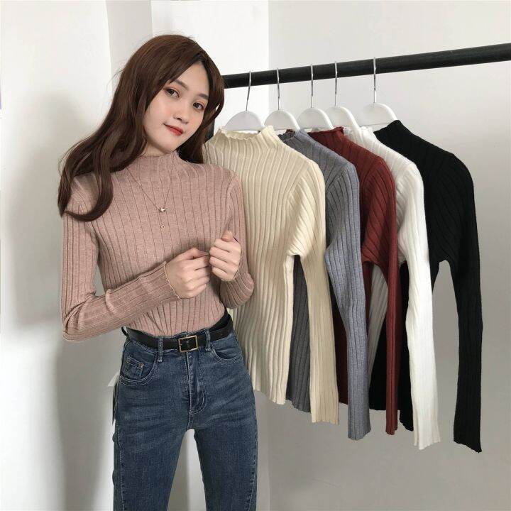 เสื้อสเวตเตอร์ถักสำหรับผู้หญิง-เสื้อสเวตเตอร์ลำลองครึ่งตัวคอปกเสื้อสูงแขนยาวบาง-aqj-907เสื้อสวมหัวถักนิตติ้งพื้น