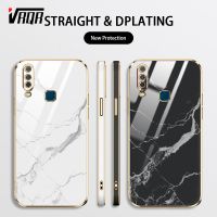 VRQRเคสสำหรับเคลือบสี่เหลี่ยมสุดหรู Vivo Y17 Y15 Y12 Y11 V1904A V19047 1940 1904 Y19 U3 เคสกันกระแทกพิมพ์ลายป้องกันเลนส์เต็มรูปแบบพร้อมฟรีสายคล้องหินอ่อนเรียบ