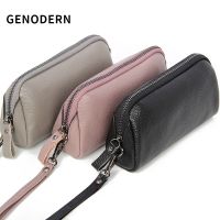 ↂ☌ GENODERN First Layer Cowhide Mobile Phone Coin Purse Womens Leather Wallet Long Wrist Bag Clutch