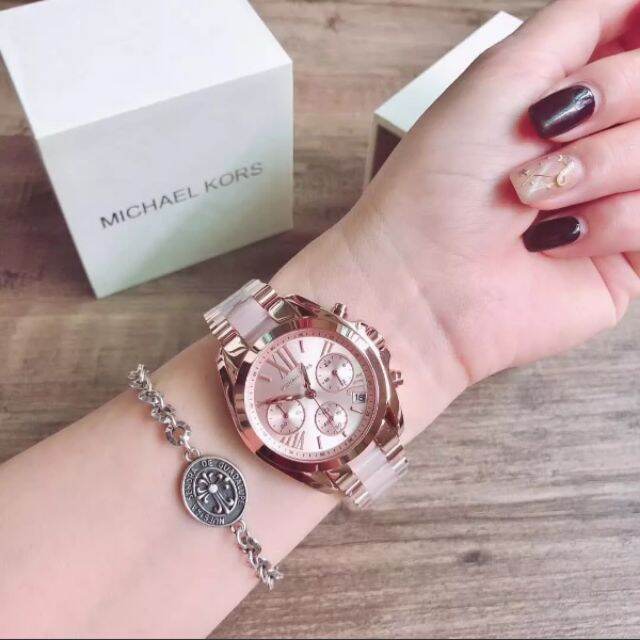 มีสต็อก-mk6066-mk-สร้อยข้อมือคริสตัลสีทองชมพูแบรดชอว์ดั้งเดิมนาฬิกาข้อมือสำหรับผู้หญิง