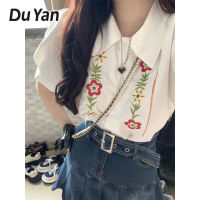 Du Yan เสื้อเชิ้ตแขนสั้นสำหรับผู้หญิง,เสื้อเชิ้ตแขนพองผ้าคอตตอนผ้าไหม2023เสื้อเอวลอยเสื้อโปโล