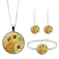 Van Gogh Sunflower Oil Painting Cabochon Glass Pendant Necklace Bracelet Earrings Jewelry Set Totally 4Pcs for Womens Fashion Drawing Painting Suppli