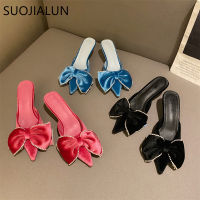 SUOJIALUN Women Slipper Fashion Crystal Bow-knot Pointed Toe Mules Ladies Thin Low Heels Sandal Shoes Outdoor Slides