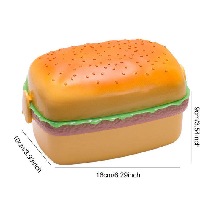 double-tier-hamburger-lunch-box-hamburger-bento-box-microwavable-kids-school-food-container-fork-dinnerware-set