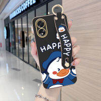 เคสใส่โทรศัพท์สำหรับ OPPO A18 A38 (มีสายรัดข้อมือ) ขอบสี่เหลี่ยมนิ่มลายการ์ตูนน่ารัก (เป็ดโดนัลด์) ปลอกชุบเคสโทรศัพท์สุดหรูชุบชุบเคสโทรศัพท์นิ่มดิสนีย์