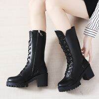 Womens Lace-up Mid-calf Boots Ladies Vintage Black High Heel Middle Boots Shoes Kasut