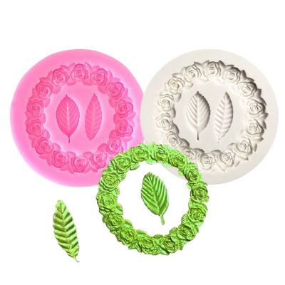 【YF】 3D Rose Garland Leaf Frame Silicone Mold Wreath Leaves Picture Fondant Chocolate Cake Decor Jelly Kitchen Baking Tools
