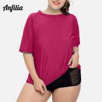 Anfilia ผู้หญิงขนาดบวกแขนสั้น Rashguard เสื้อ UPF 50ชุดว่ายน้ำชุดว่ายน้ำป้องกันรังสียูวีผื่นยามแข็งบีชสวม