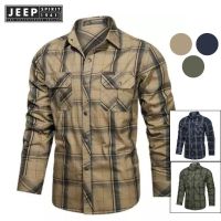 JEEP SPIRIT 1941 ESTD เสื้อเชิ้ตผ้าคอตตอนของผู้ชาย,เสื้อทรงสลิมฟิตลำลองลายสก็อตแขนยาวฤดูใบไม้ผลิฤดูใบไม้ร่วง1941