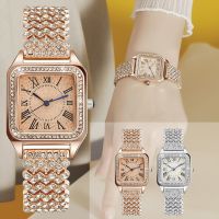 【Hot seller】 wish cross-border explosive fashion Roman diamond square watch ladies steel belt scale quartz