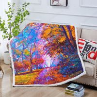 2023 Oil Painting Landscape Sherpa Blanket on Bed Plush Throw Blanket Colorful Autumn Trees Bedspread Sofa Cover