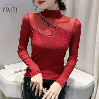 YIMEI เสื้อลายตาข่ายประดับเพชรสุดฮอตสำหรับผู้หญิงสีแดง,เสื้อท่อนบนคอสูงครึ่งตัวเข้ารูปพอดีใหม่สำหรับฤดูใบไม้ร่วง/ฤดูหนาว2023