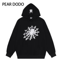 PEAR DODO เสื้อสเวตเตอร์มีฮู้ดสำหรับผู้หญิง,เสื้อกันหนาวมีฮู้ดทรงหลวมลายพิมพ์แขนยาวแมงมุมเกาหลี