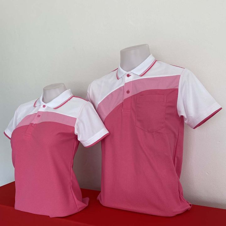 เสื้อโปโล-แบบตัดต่อสีชมพู-สลับขาว-ด้านหลังของเสื้อเป็นสีชมพู-ซักแล้วไม่ขึ้นขุย-ไม่ไม่ขน-ใส่ได้นาน-ซักง่าย-แห้งไว-แบบชาย-ทรงตรง