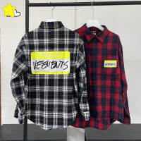 สไตล์คลาสสิกสบายๆขนาดใหญ่ Vetements เสื้อลายสก๊อตผู้ชายผู้หญิงหนักผ้าฮิปฮอปฉลากสีเหลืองสีดำสีแดง VTM เสื้อด้านบน