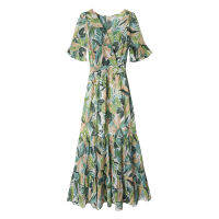 Womens french r printing and ankle long dress