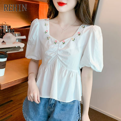 REHIN ผู้หญิงฤดูร้อนใหม่เวอร์ชั่นเกาหลีสแควร์คอปกแขนสั้นเสื้อแขนฟองปักแนวโน้มเสื้อ
