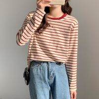 [COD] Striped long-sleeved t-shirt womens loose spring and autumn 2022 new bottoming with red early top