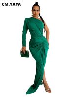 ♝ CM.YAYA Sexi Night Dress Hot for Women One Long Sleeve Ruched High Side Split Maxi Long Asymmetical Vestidos De Verano Mujer