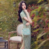 【Available】ปรับปรุง Cheongsam วินเทจสไตล์จีนชุดหญิงฤดูร้อนชุดยาว2022สาวใหม่สีเขียวสง่างาม Qipao