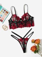 【LZ】❐♨  Conjunto De Lingerie Bordados Floral Azul Underwire Push Up Bra Set Mulheres Roupa Interior Lingerie Erótica Roupa Interior Bralette   Briefs Set 2023