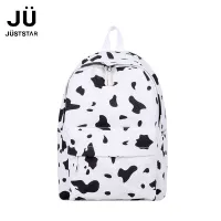 JUSTSTAR New cow pattern canvas backpack cute schoolbag black spot contrast color student schoolbag