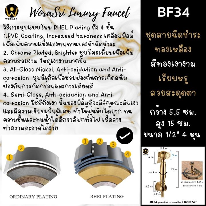 worasri-bf34-ชุดสายฉีดชำระสวยหรู-ที่ฉีดก้น-หัวฉีดทองเหลือง-ก-5-4-x-สูง-14-ซม-สายสแตนเลสยาว-1-2-ม-ที่แขวน-zinc-วาลว์ทองเหลือง-ไม่เป็นสนิม