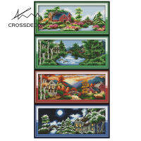 Crossdecor 4 Pack Cross Stitch Complete Set Landscape Series Stamped Aida Cloth Embroidery Kits 11CT 14CT Ecological Cotton Thread Printing Home Decoration Hanging Painting Gift - Four Seasons Of The Castle