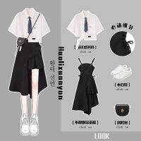 Plus-Size Womens Summer Suit Women 2022 New Waist Slimming Design Sense Shirt Dress Set 2 ชิ้น